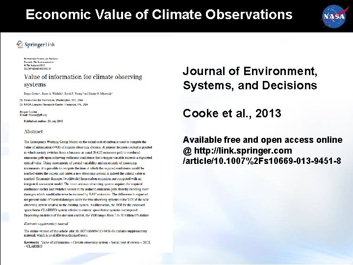 Economic Value of Climate Observations Journal of Environment, Systems, and Decisions Cooke et al.