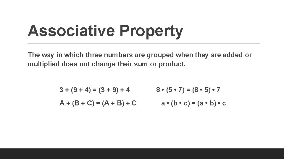 Associative Property The way in which three numbers are grouped when they are added