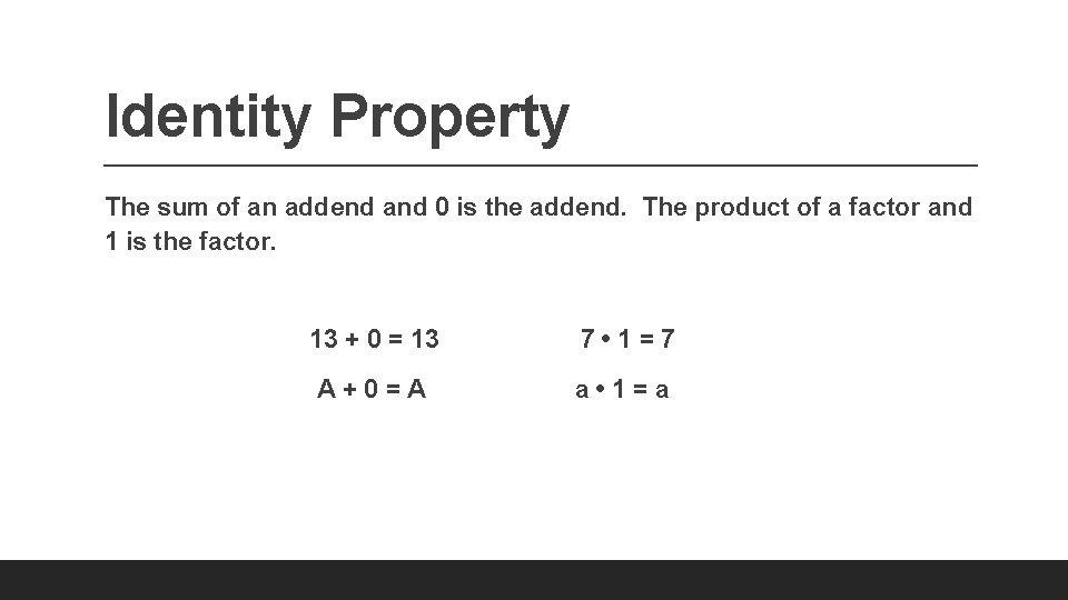 Identity Property The sum of an addend and 0 is the addend. The product