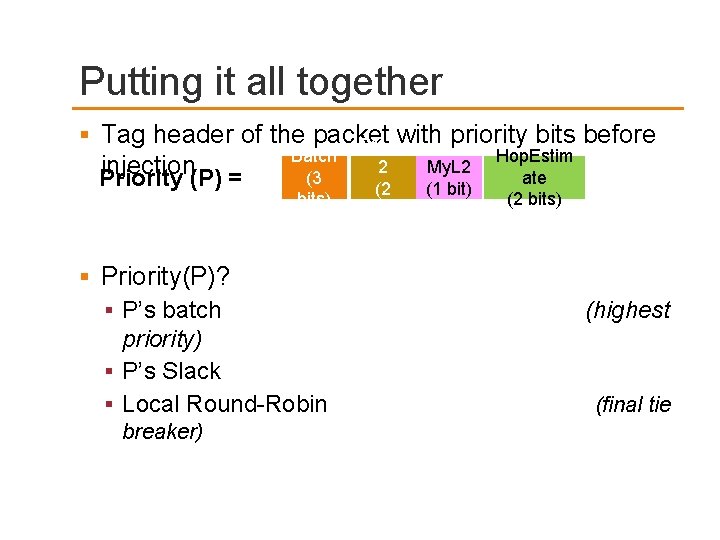 Putting it all together Tag header of the packet with priority bits before Pred.