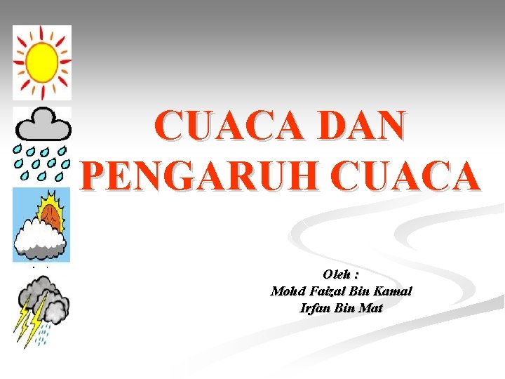 CUACA DAN PENGARUH CUACA Oleh : Mohd Faizal Bin Kamal Irfan Bin Mat 