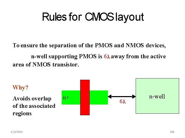 Rules for CMOS layout To ensure the separation of the PMOS and NMOS devices,