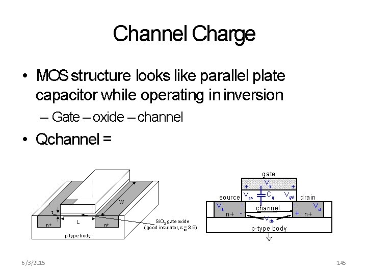 Channel Charge • MOS structure looks like parallel plate capacitor while operating in inversion