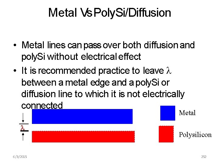 Metal Vs Poly. Si/Diffusion • Metal lines can pass over both diffusion and poly.