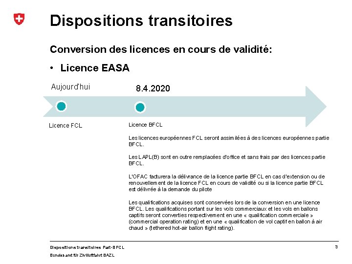 Dispositions transitoires Conversion des licences en cours de validité: • Licence EASA Aujourd‘hui Licence