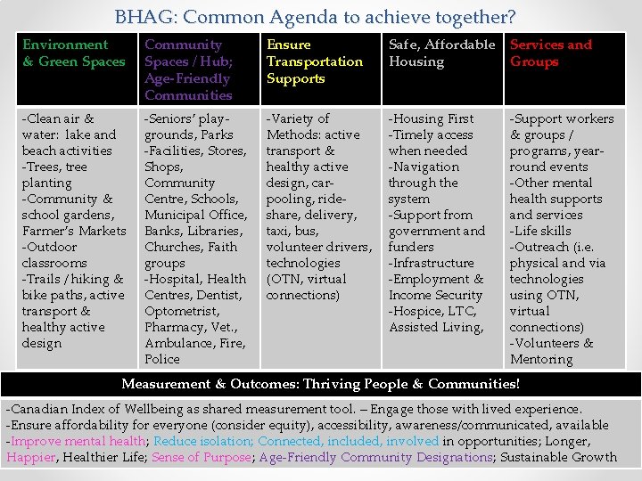 BHAG: Common Agenda to achieve together? Environment & Green Spaces Community Spaces / Hub;