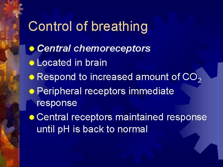 Control of breathing ® Central chemoreceptors ® Located in brain ® Respond to increased