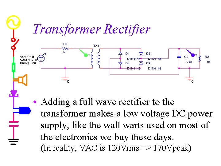 Transformer Rectifier w Adding a full wave rectifier to the transformer makes a low