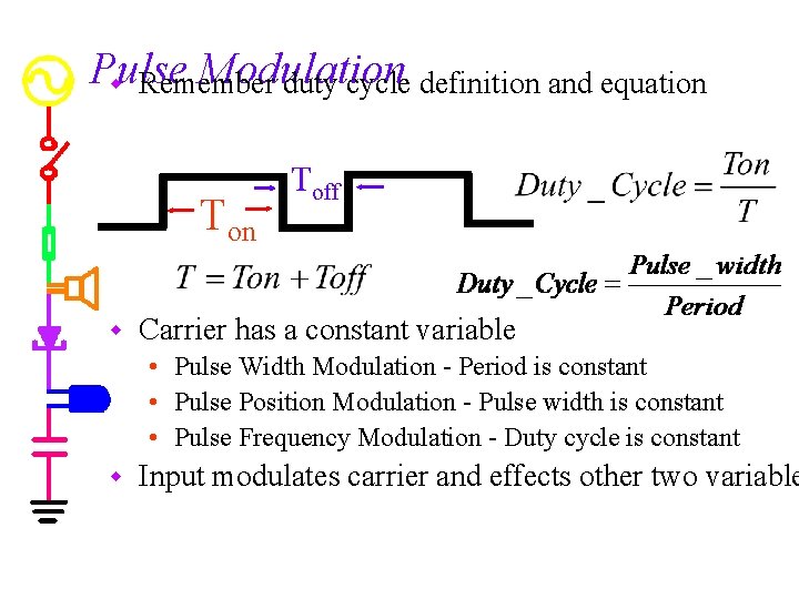 Pulse Modulation w Remember duty cycle definition and equation Ton w Toff Carrier has