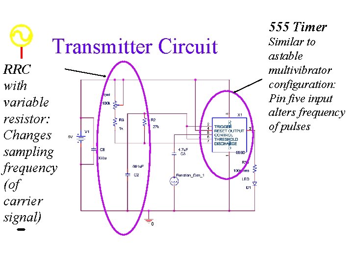 555 Timer Transmitter Circuit RRC with variable resistor: Changes sampling frequency (of carrier signal)