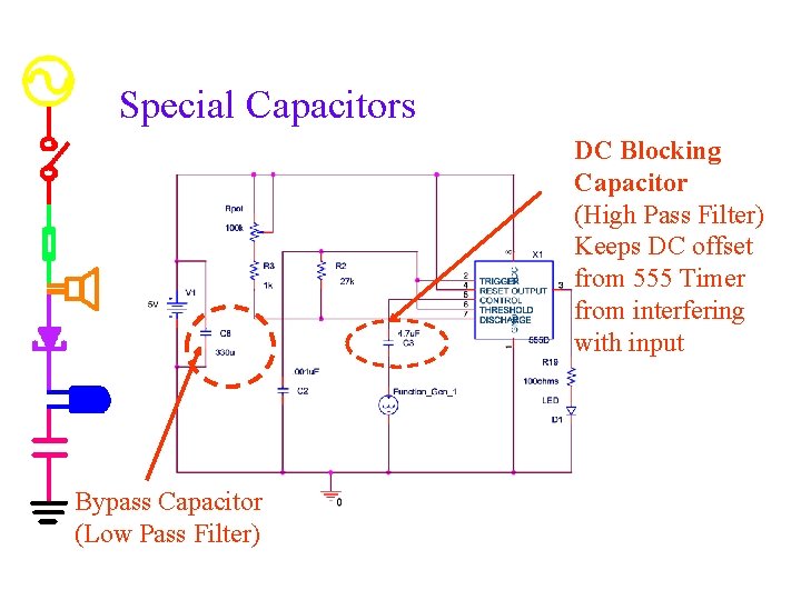 Special Capacitors DC Blocking Capacitor (High Pass Filter) Keeps DC offset from 555 Timer