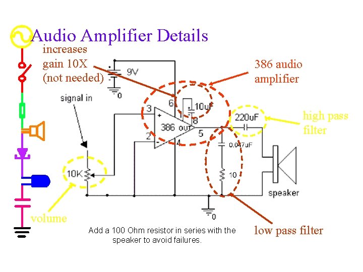 Audio Amplifier Details increases gain 10 X (not needed) 386 audio amplifier high pass
