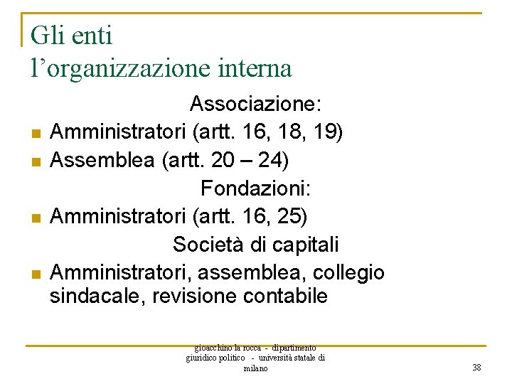 Gli enti l’organizzazione interna n n Associazione: Amministratori (artt. 16, 18, 19) Assemblea (artt.