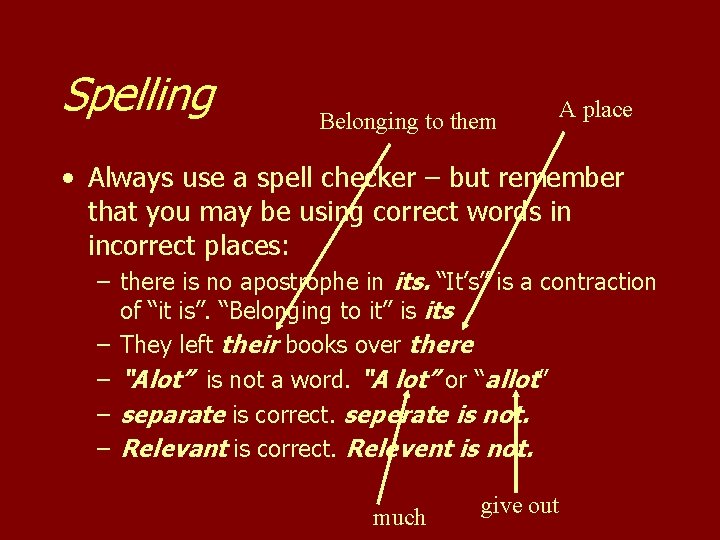 Spelling Belonging to them A place • Always use a spell checker – but