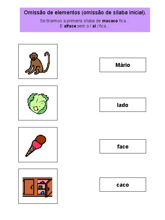Omissão de elementos (omissão de sílaba inicial). Se tirarmos a primeira sílaba de macaco