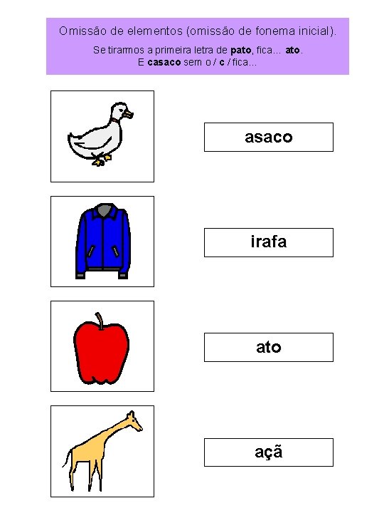 Omissão de elementos (omissão de fonema inicial). Se tirarmos a primeira letra de pato,