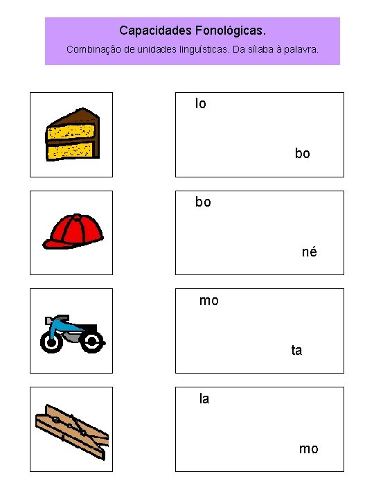 Capacidades Fonológicas. Combinação de unidades linguísticas. Da sílaba à palavra. lo bo bo né