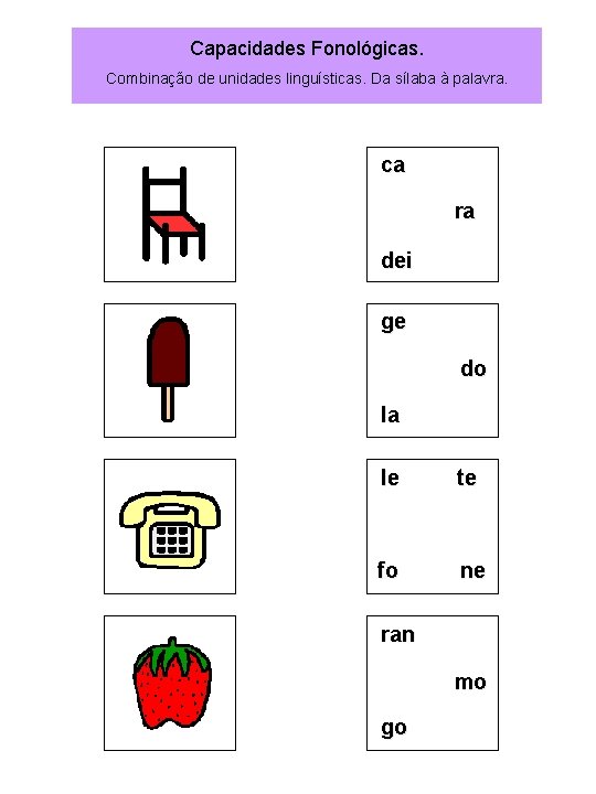 Capacidades Fonológicas. Combinação de unidades linguísticas. Da sílaba à palavra. ca ra dei ge