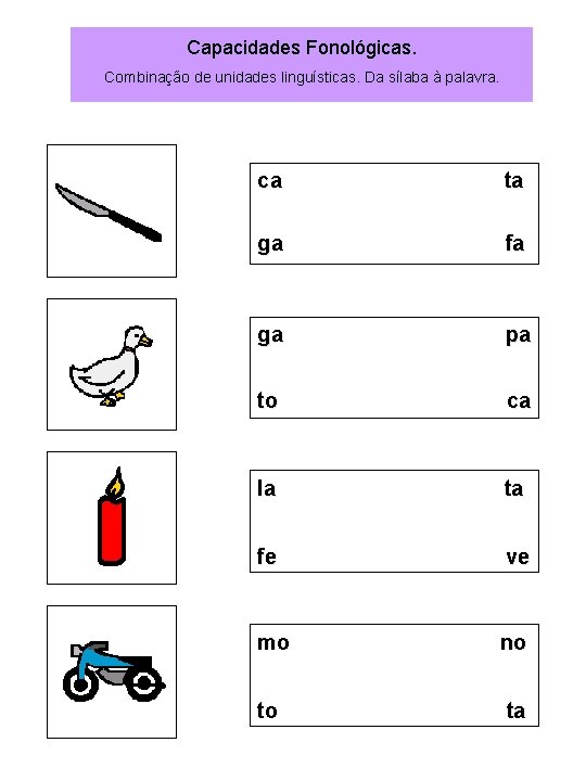 Capacidades Fonológicas. Combinação de unidades linguísticas. Da sílaba à palavra. ca ta ga fa