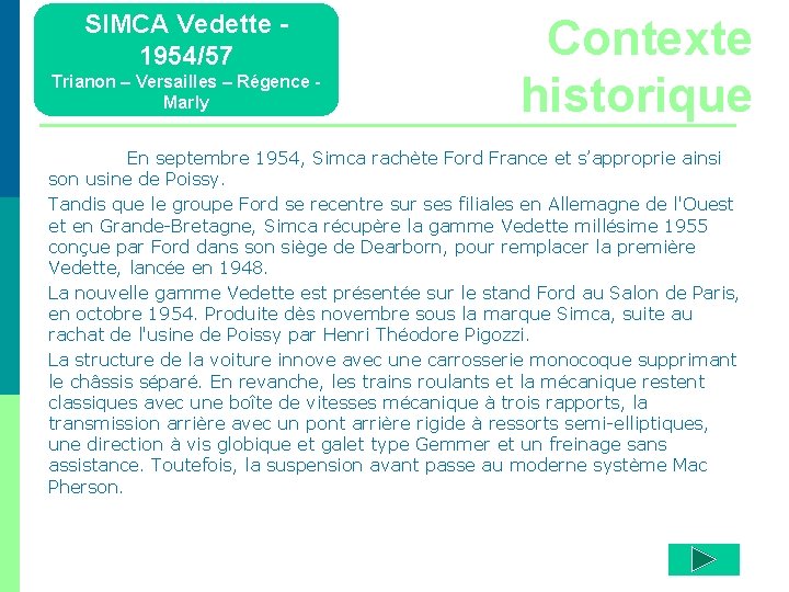 SIMCA Vedette 1954/57 Trianon – Versailles – Régence Marly Contexte historique En septembre 1954,