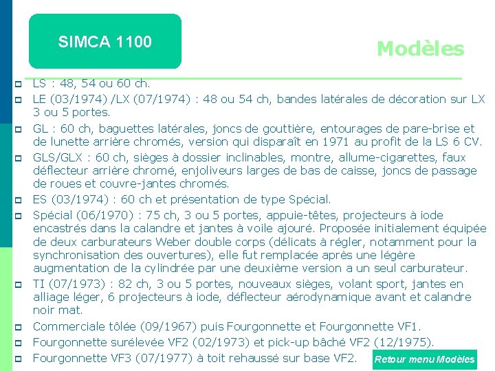 SIMCA 1100 p p p p p Modèles LS : 48, 54 ou 60