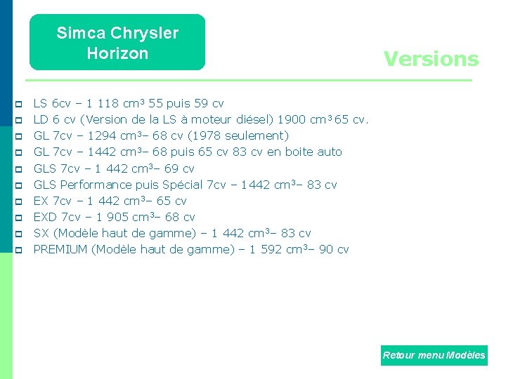 Simca Chrysler Horizon p p p p p Versions LS 6 cv – 1