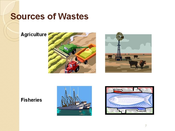Sources of Wastes Agriculture Fisheries 7 
