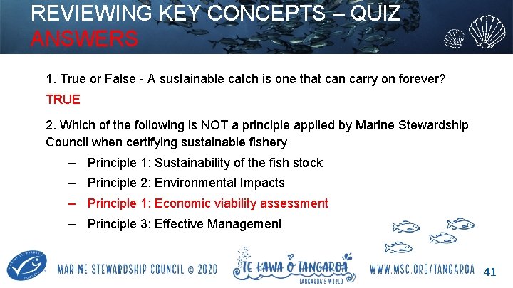 REVIEWING KEY CONCEPTS – QUIZ ANSWERS 1. True or False - A sustainable catch