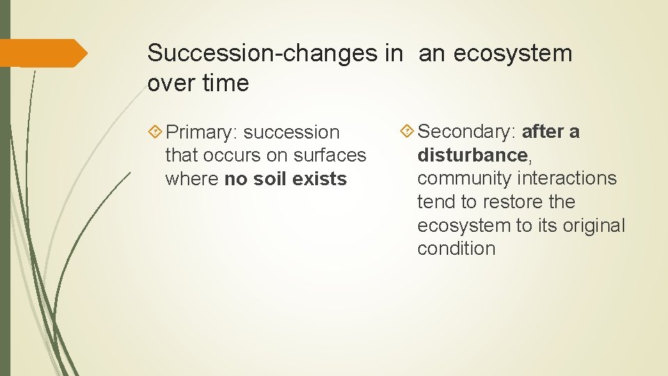 Succession-changes in an ecosystem over time Primary: succession that occurs on surfaces where no