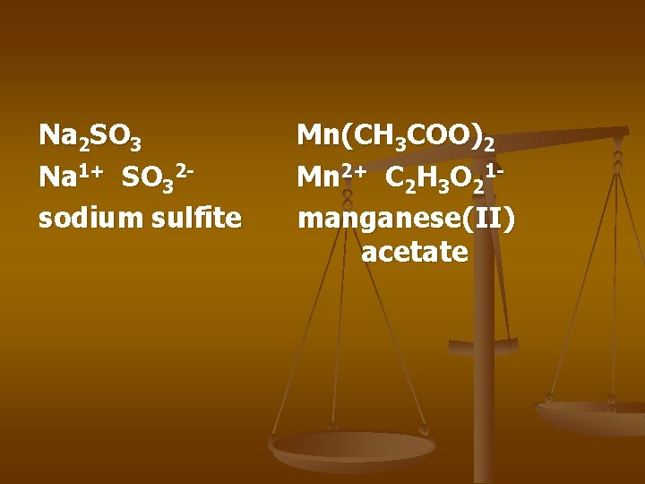 Na 2 SO 3 Na 1+ SO 32 sodium sulfite Mn(CH 3 COO)2 Mn Na 2 SO 3 Na 1+ SO 32 sodium sulfite Mn(CH 3 COO)2 Mn
