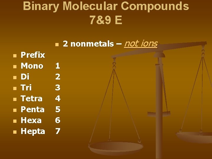 Binary Molecular Compounds 7&9 E n n n n n Prefix Mono Di Tri Binary Molecular Compounds 7&9 E n n n n n Prefix Mono Di Tri