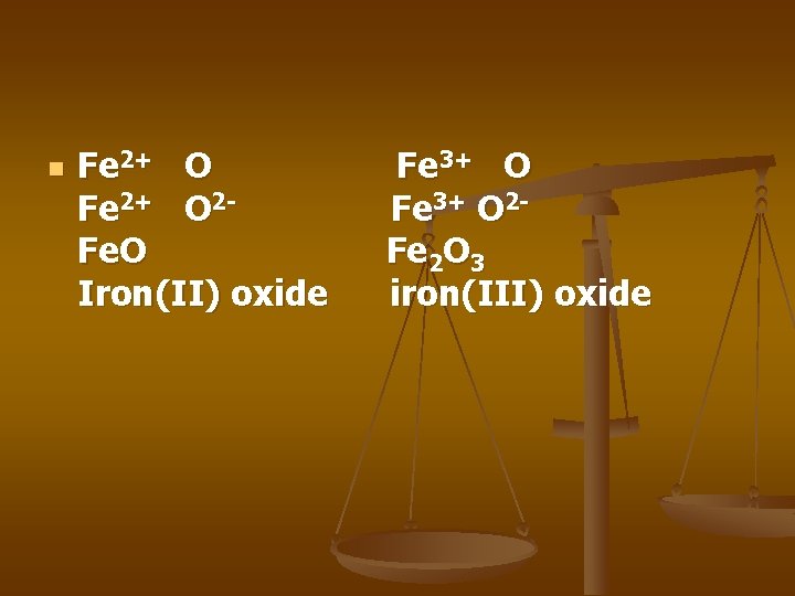 n Fe 2+ O 2 Fe. O Iron(II) oxide Fe 3+ O 2 Fe n Fe 2+ O 2 Fe. O Iron(II) oxide Fe 3+ O 2 Fe