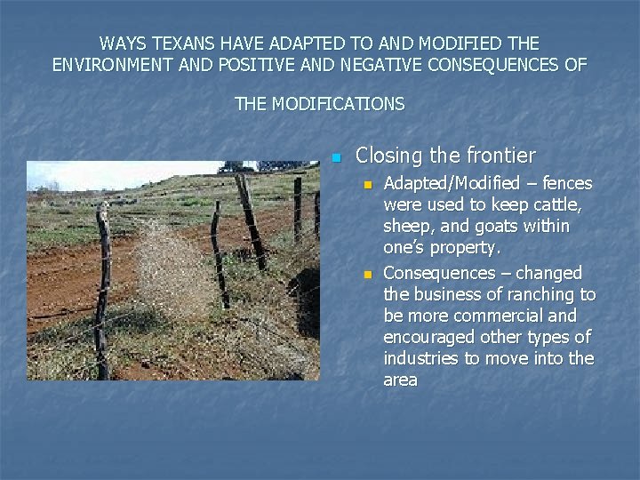 WAYS TEXANS HAVE ADAPTED TO AND MODIFIED THE ENVIRONMENT AND POSITIVE AND NEGATIVE CONSEQUENCES