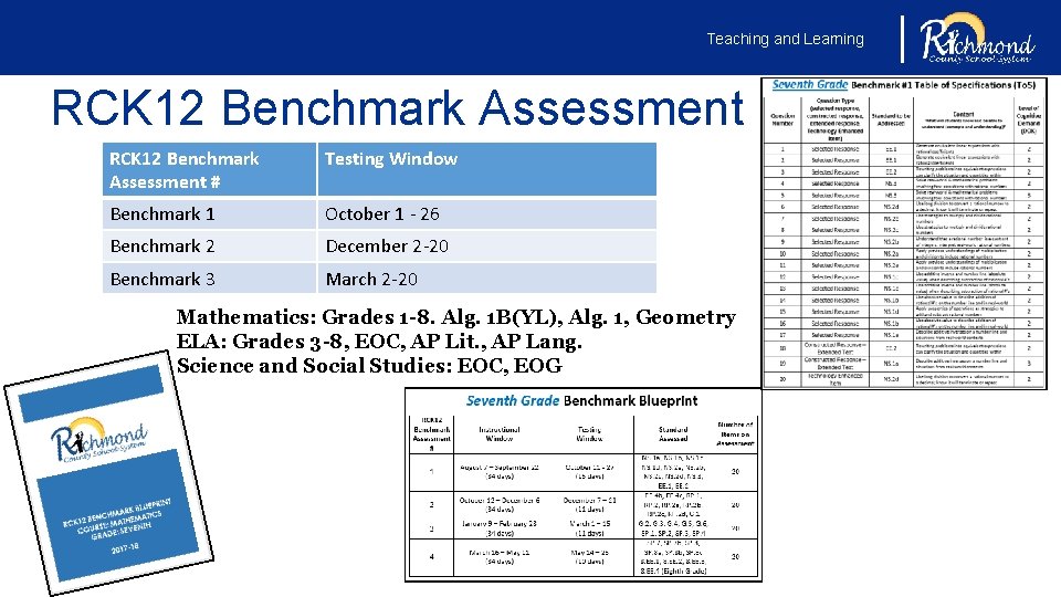 Teaching and Learning RCK 12 Benchmark Assessment # Testing Window Benchmark 1 October 1