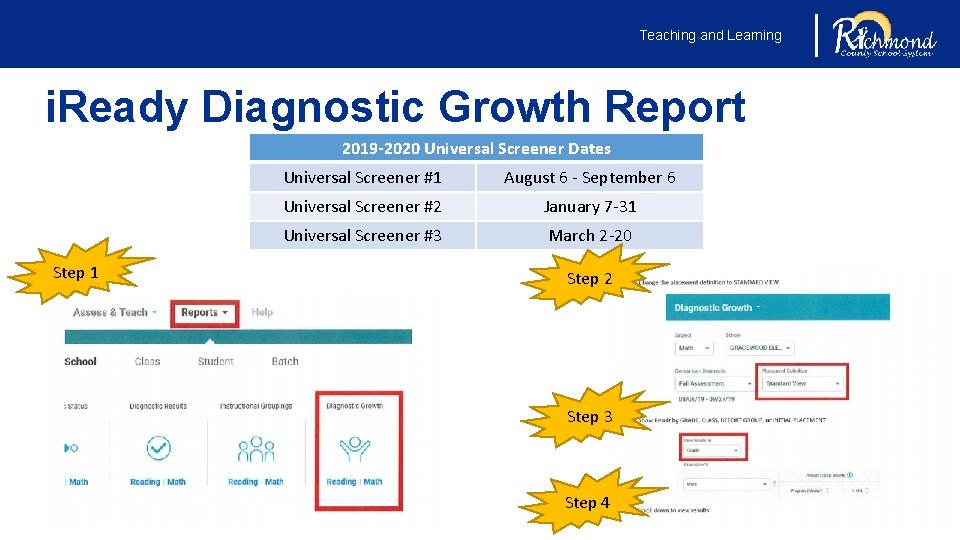 Teaching and Learning i. Ready Diagnostic Growth Report 2019 -2020 Universal Screener Dates Step