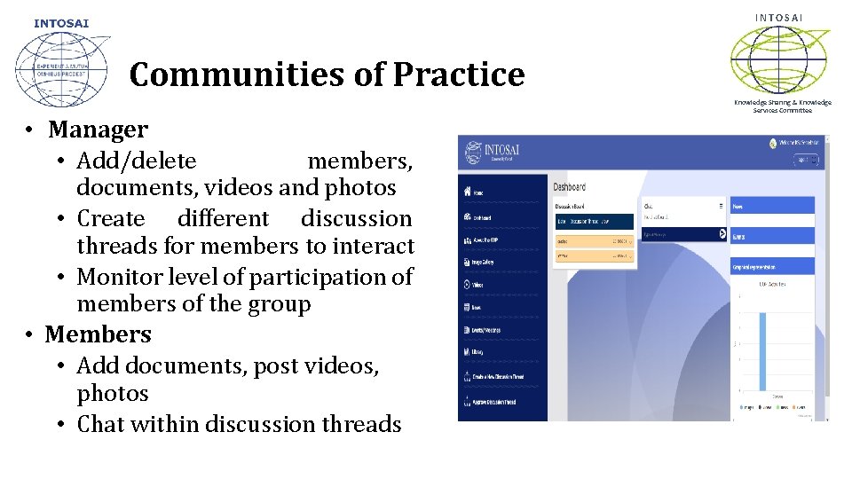 INTOSAI Communities of Practice • Manager • Add/delete members, documents, videos and photos •