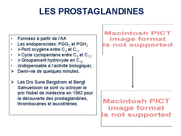 LES PROSTAGLANDINES • • • Formées à partir de l’AA Les endoperoxides: PGG 2 LES PROSTAGLANDINES • • • Formées à partir de l’AA Les endoperoxides: PGG 2