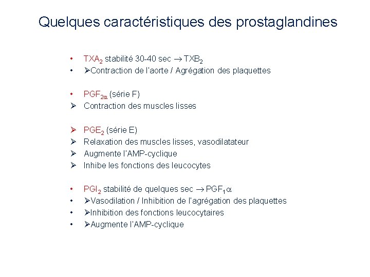 Quelques caractéristiques des prostaglandines • • TXA 2 stabilité 30 -40 sec TXB 2 Quelques caractéristiques des prostaglandines • • TXA 2 stabilité 30 -40 sec TXB 2