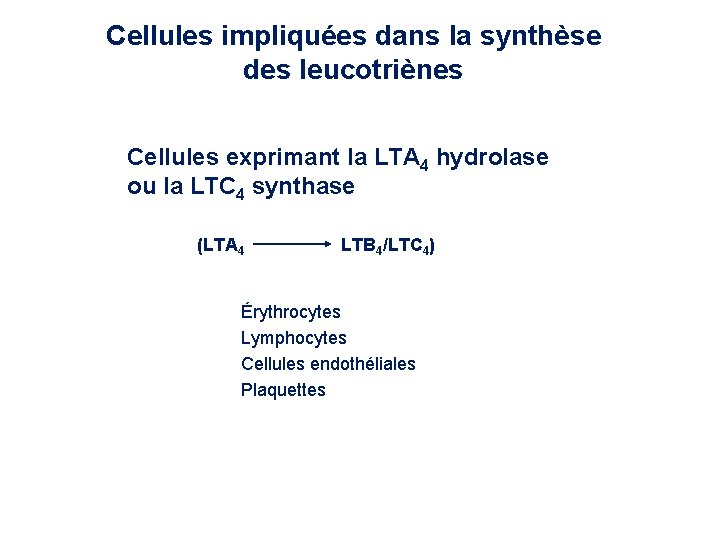 Cellules impliquées dans la synthèse des leucotriènes Cellules exprimant la LTA 4 hydrolase ou Cellules impliquées dans la synthèse des leucotriènes Cellules exprimant la LTA 4 hydrolase ou