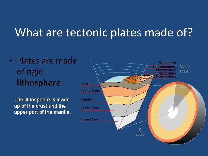 What are tectonic plates made of? • Plates are made of rigid lithosphere. The