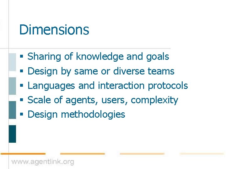 Dimensions § § § Sharing of knowledge and goals Design by same or diverse