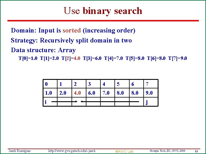 Use binary search Domain: Input is sorted (increasing order) Strategy: Recursively split domain in