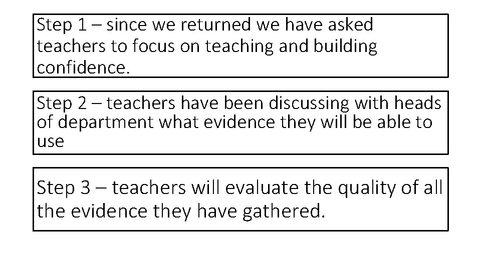 Step 1 – since we returned we have asked teachers to focus on teaching