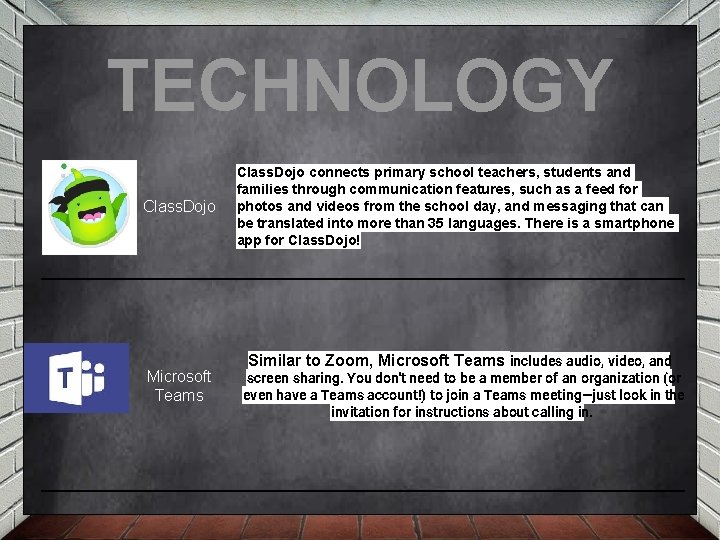 TECHNOLOGY Class. Dojo Microsoft Teams Class. Dojo connects primary school teachers, students and families