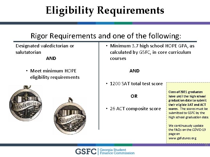 Eligibility Requirements Rigor Requirements and one of the following: Designated valedictorian or salutatorian AND