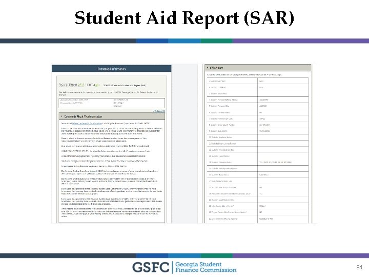 Student Aid Report (SAR) 001000* 84 