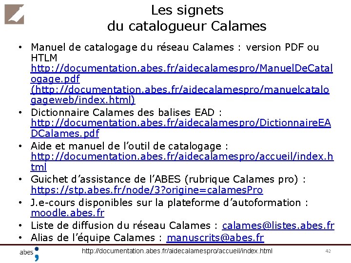 Les signets du catalogueur Calames • Manuel de catalogage du réseau Calames : version