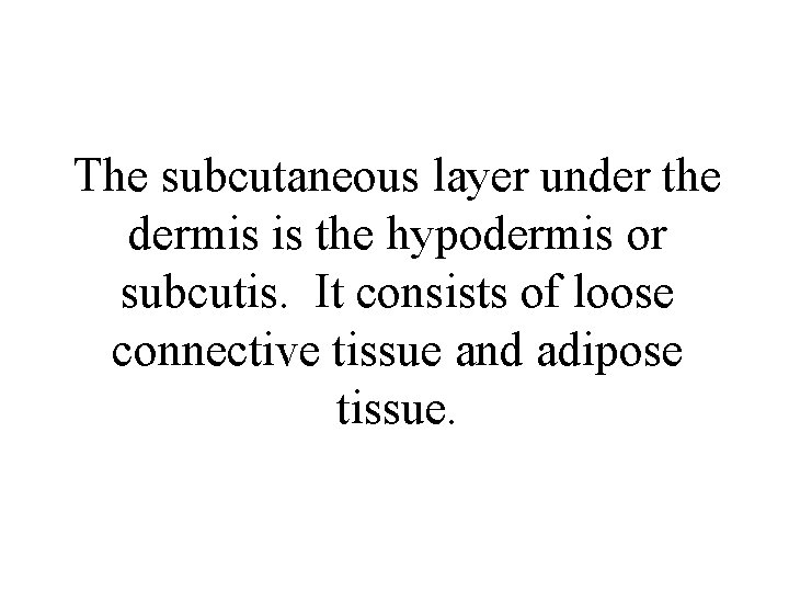 The subcutaneous layer under the dermis is the hypodermis or subcutis. It consists of