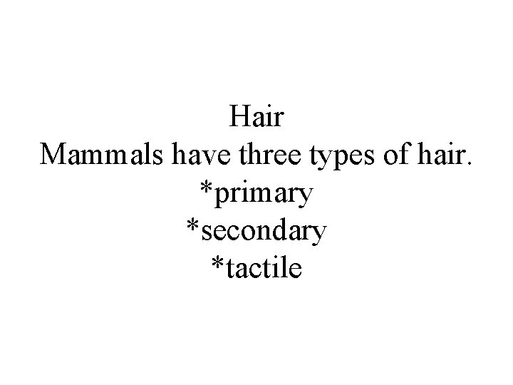 Hair Mammals have three types of hair. *primary *secondary *tactile 