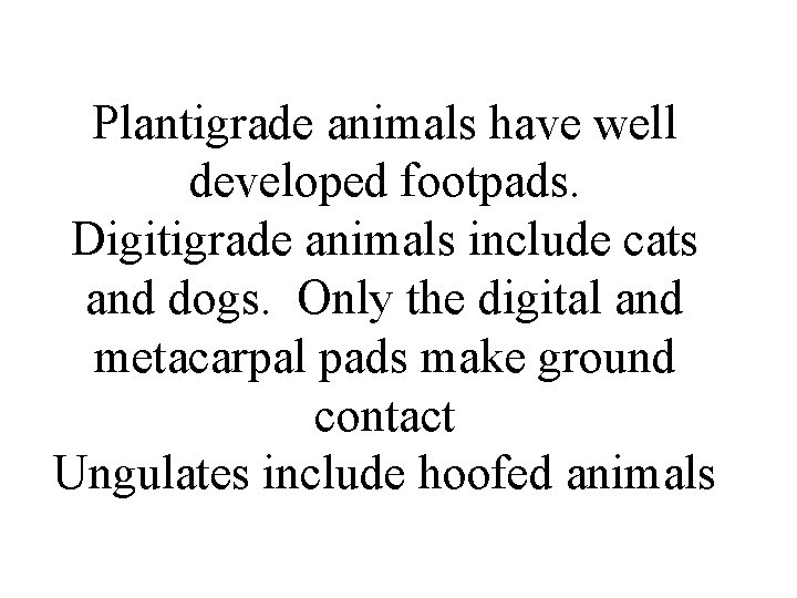 Plantigrade animals have well developed footpads. Digitigrade animals include cats and dogs. Only the